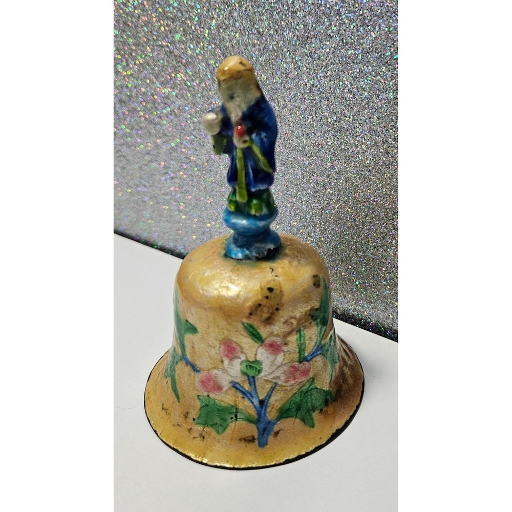 Vintage Chinese Brass Cloisonne Hand Bell Wise Man Immortal Figurine Floral Gold